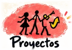 Proyectos, ilustración de músicos sobre pincelada roja